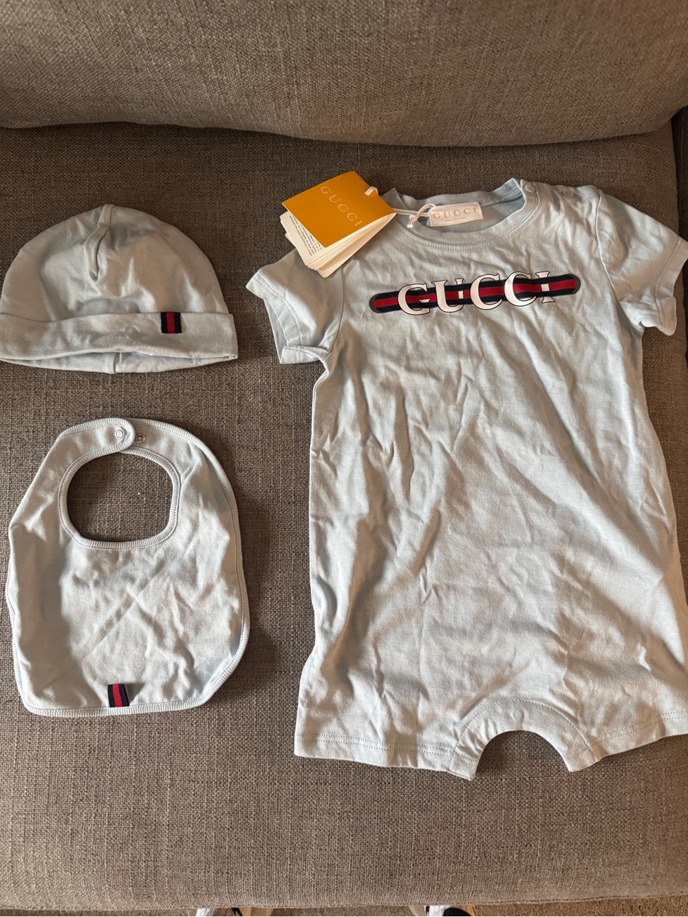 Gucci Baby Bib Set in Light Blue with Red & Navy Stripe